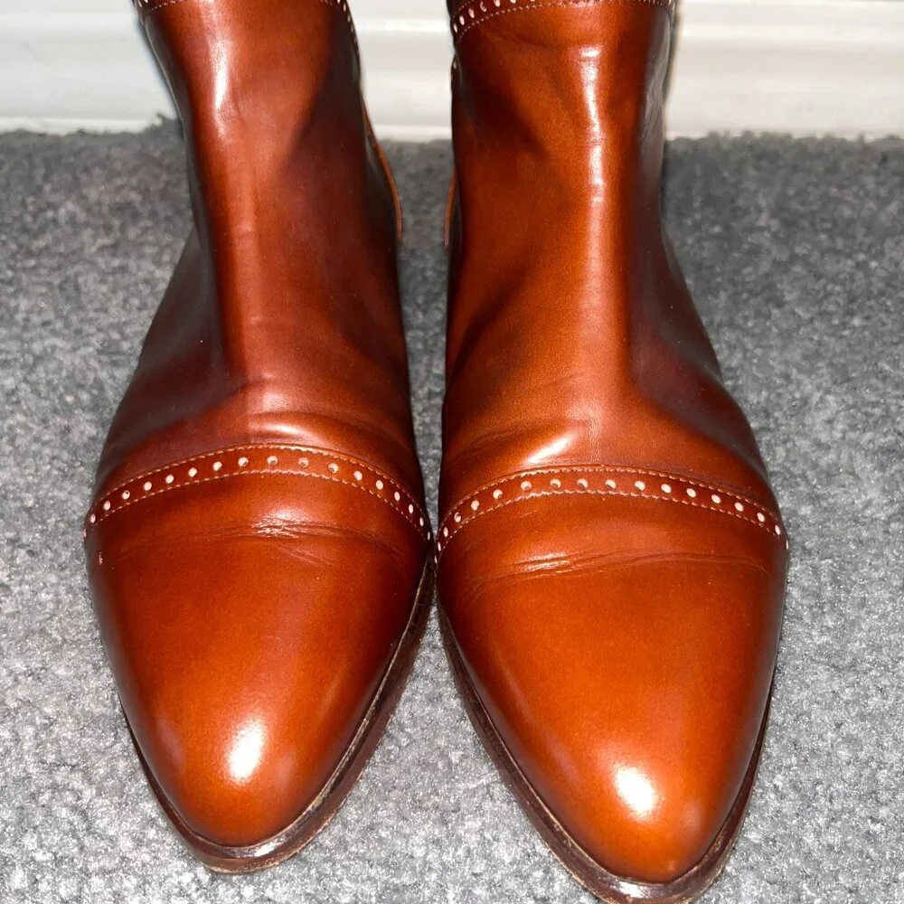 BASSOTTO KNEE HIGH RIDING BOOTS COGNAC LEATHER BROGUE DETAILS MADE IN ITALY EU40